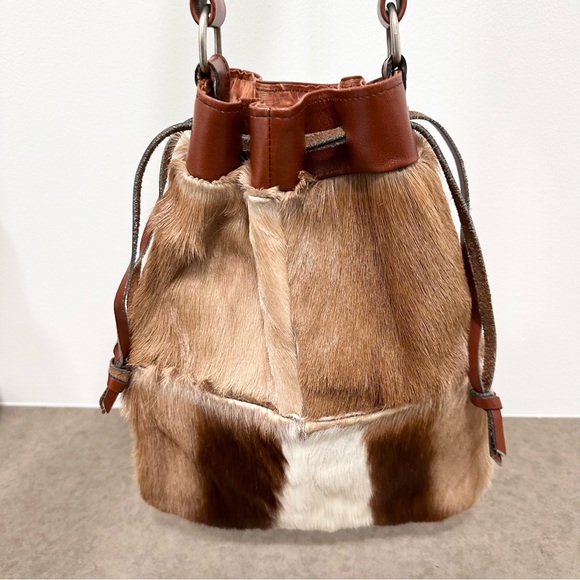 Handbags - Vintage Cowhide Drawstring Leather Purse Shoulder Bag Brown Tan White Silk Lined